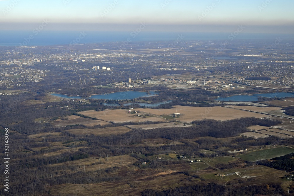 aerial view of the Mel Swart Lake Gibson Conservation Park near Thorold, Ontario Canada 