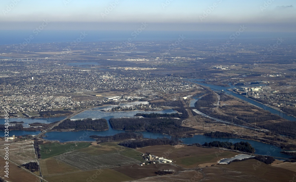 aerial view of the Mel Swart Lake Gibson Conservation Park and view of the Welland canal  near Thorold, Ontario Canada 