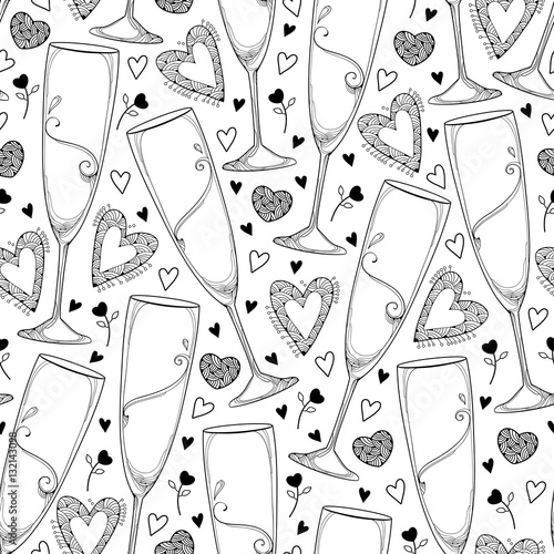Vector seamless pattern with outline champagne glass and hearts in black on the white background. Pattern in contour style with champaign glasses for coloring book and celebration Valentines design.