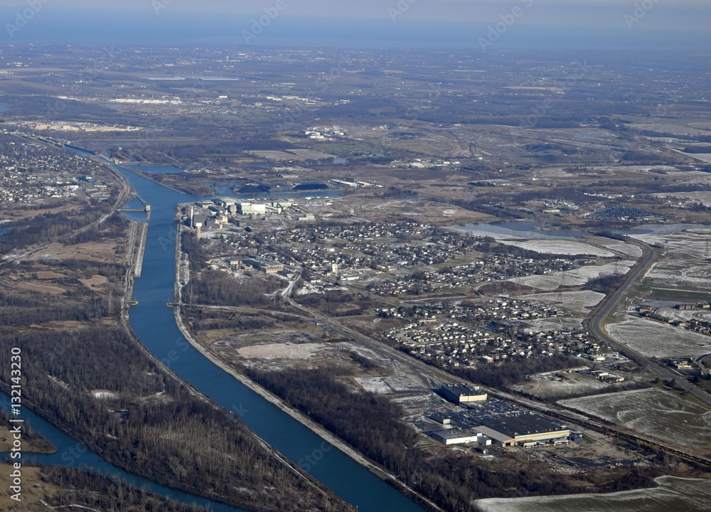 aerial view of the industrial area in Thorold South with partial view of the Welland cnal, Ontario Canada 