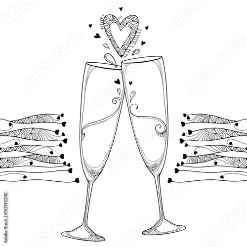 Vector illustration with two contour toasting champagne glass and ornate heart in black isolated on white background. Outline glasses and hearts in line art for Valentines design and coloring book.