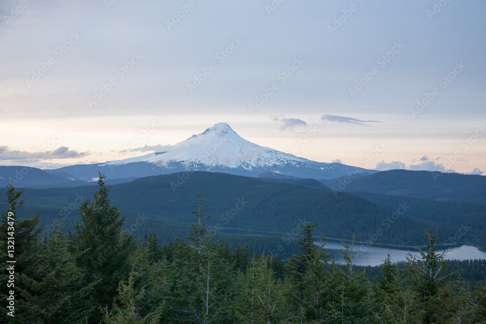 View of Mount Hood, Oregon and lake from top of fire lookout tower. View of Mount Hood, Oregon and lake from top of fire lookout tower.