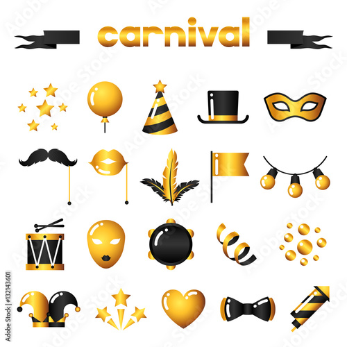 Set of carnival gold icons and objects. Celebration party items