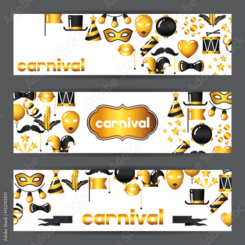 Carnival banners with gold icons and objects. Celebration party backgrounds