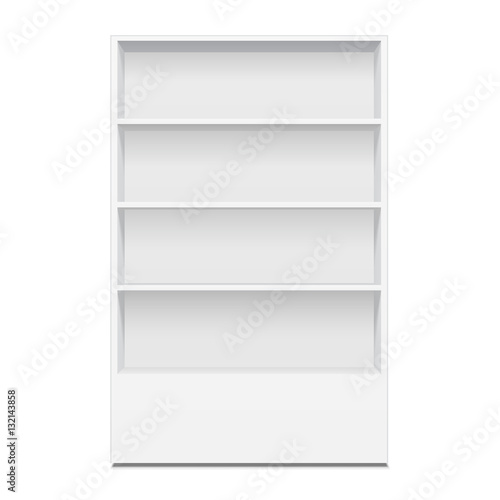 Blank Empty Showcase Display With Retail Shelves. 3D. Front View. Mock Up, Template. Illustration Isolated On White Background. Ready For Your Design. Product Advertising. Vector EPS10