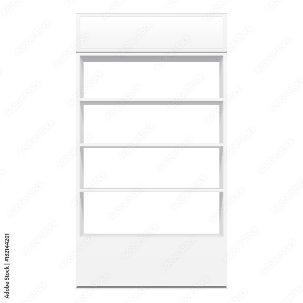 White Cardboard Floor Display Rack For Supermarket Blank Empty Displays With Shelves Mock Up. Illustration Isolated On White Background. Product Presentation. Vector White Cardboard Floor Display Rack For Supermarket Blank Empty Displays With Shelves Mock Up. Illustration Isolated On White Background. Product Presentation. Vector