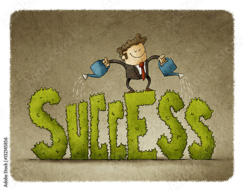 Businessman on top of the word success with plant shape and watering it