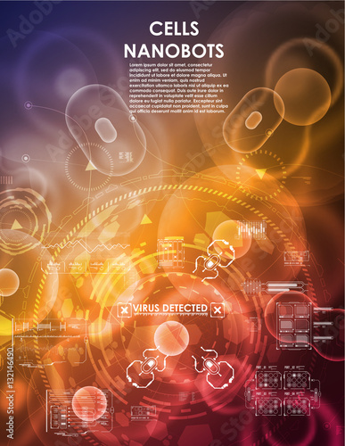 Cell background with futuristic interface elements. HUD UI for medical app. Futuristic user interface. Molecular research. Nanotechnology medicine concept. Nanorobots and cells.