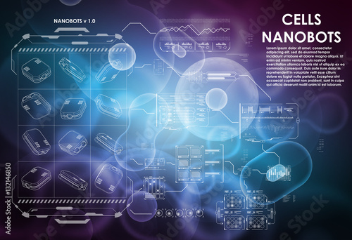 Cell background with futuristic interface elements. HUD UI for medical app. Futuristic user interface. Molecular research. Nanotechnology medicine concept. Nanorobots and cells.
