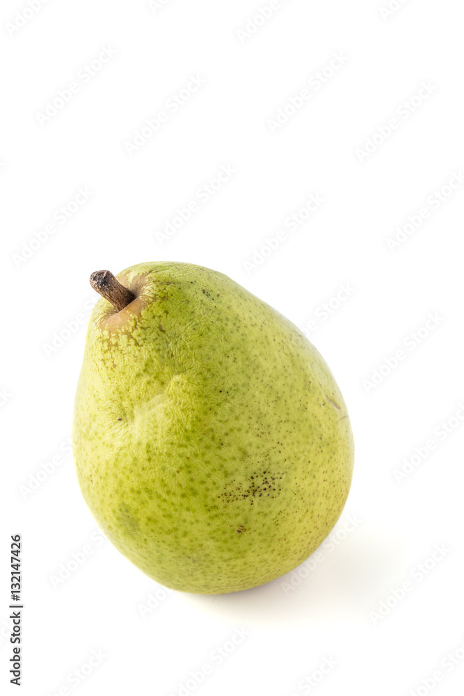 Single isolated spotted green pear fruit on a white background