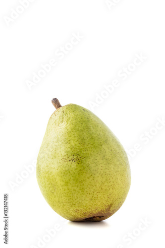Single isolated healthy ripe spotted green pear with a stem on a white background