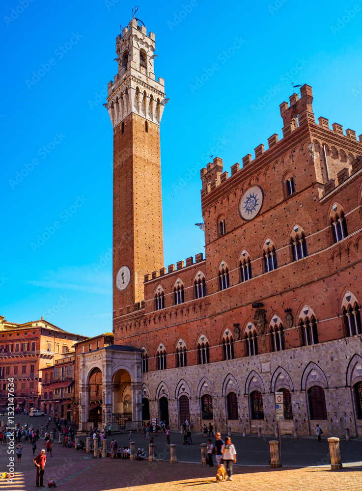 Campo Square (Piazza del Campo), Palazzo Pubblico and Mangia Tower (Torre del Mangia) in Siena, Tuscany, Italy
