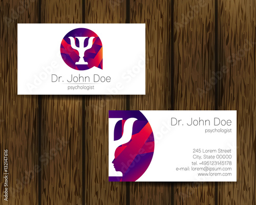 Psychology vector visit card. Modern logo. Creative style. Design concept. Brand company. Violet color isolated on tree background. Symbol for web, print. vVsiting personal set