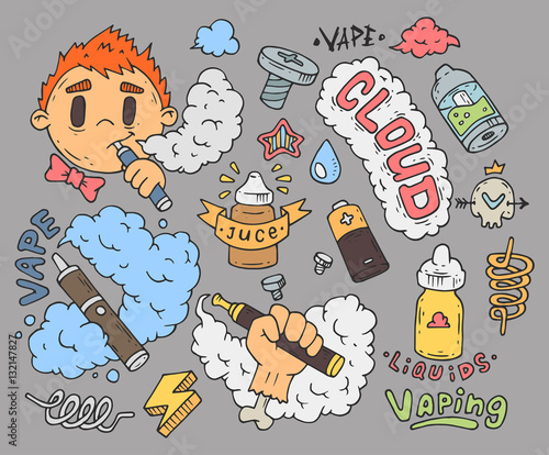 A set of cartoon stickers for vapers. Comic doodles. Cartoon badges for vaping.