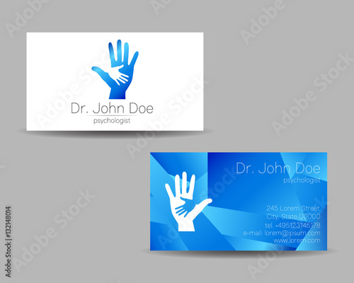 Psychology vector visit card. Modern logo. Creative style. Design concept. Brand company. Blue color isolated on gray background. Symbol for web, print. vVsiting personal set