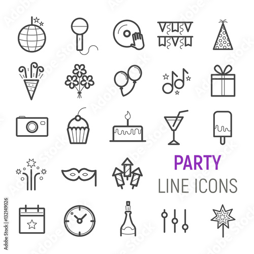 Party icons set. Vector flat line illustrations.
