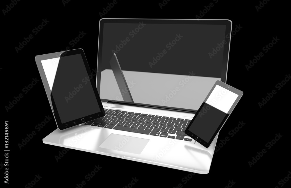 Laptop mobile phone and tablet connected to each other 3D render Laptop mobile phone and tablet connected to each other 3D render
