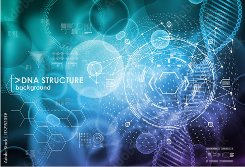 Cell and DNA background with interface elements. HUD UI for medical app. Molecular research.