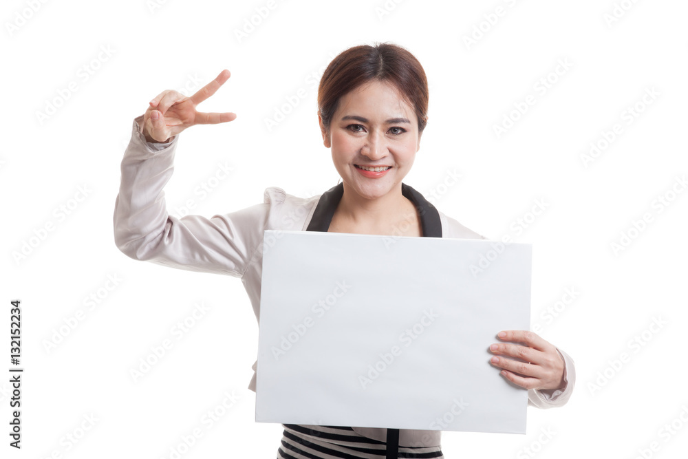 Young Asian business woman show victory sign with blank sign. Young Asian business woman show victory sign with blank sign.