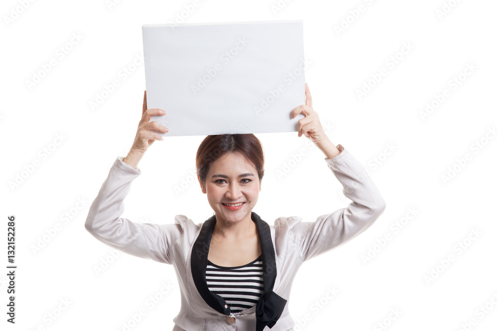 Young Asian business woman with white blank sign. Young Asian business woman with white blank sign.
