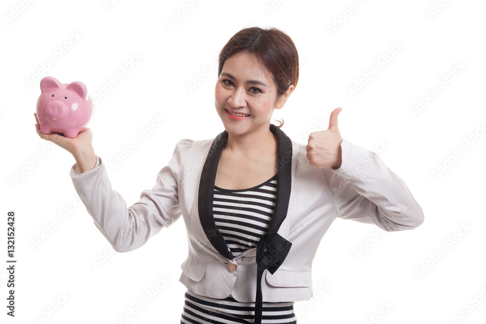 Asian business woman thumbs up with pig coin bank. Stock Photo | Adobe ...