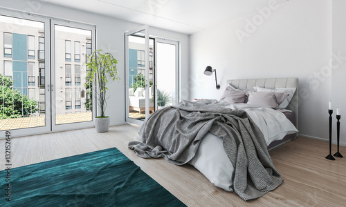 Bright modern bedroom in a high-rise apartment