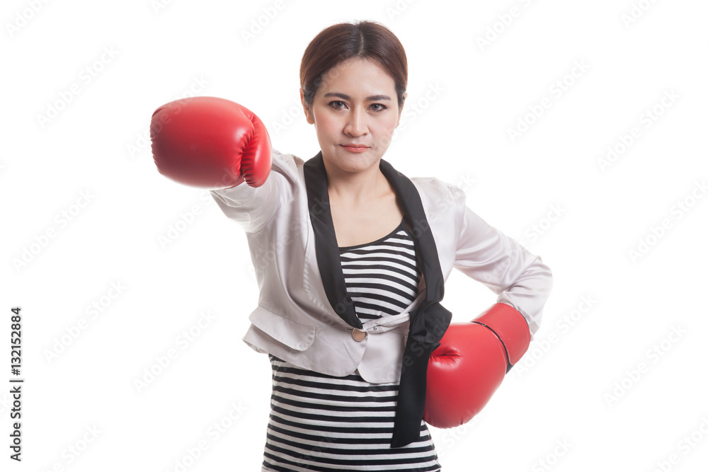Young Asian business woman with red boxing gloves. Young Asian business woman with red boxing gloves.