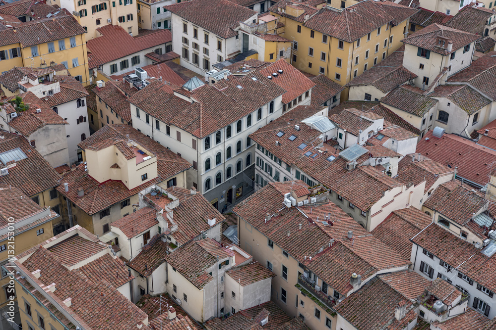 Red roofs of old houses Florence seen from the observation platform Duomo, Cathedral Santa Maria del Fiore.