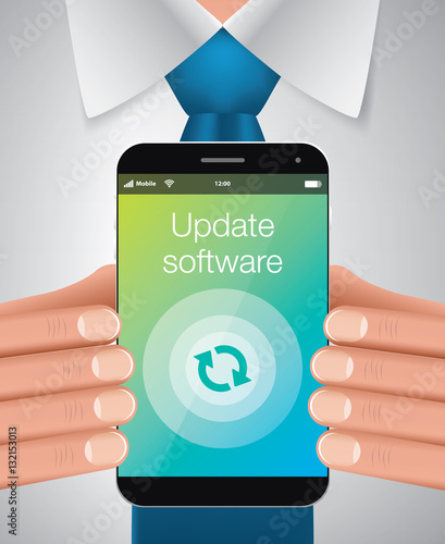 Businessman holding mobile phone with Upadte Software, vector