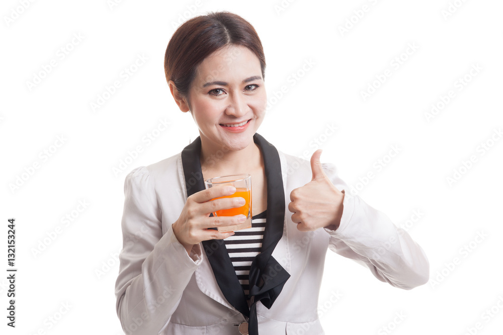 Young Asian woman thumbs up drink orange juice. Young Asian woman thumbs up drink orange juice.