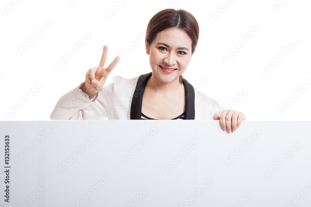 Young Asian woman show victory sign with blank sign. Young Asian woman show victory sign with blank sign.