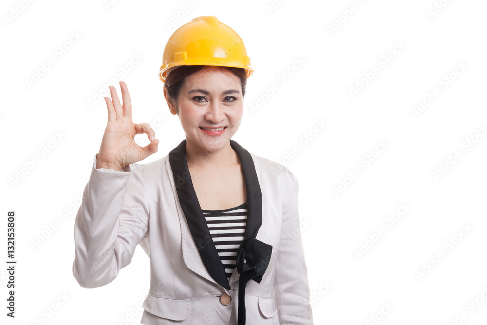 Asian engineer woman show OK sign.