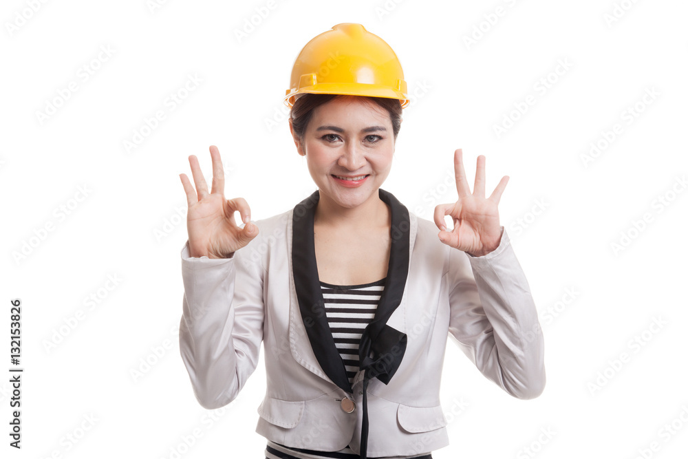 Asian engineer woman show OK with both hands. Asian engineer woman show OK with both hands.