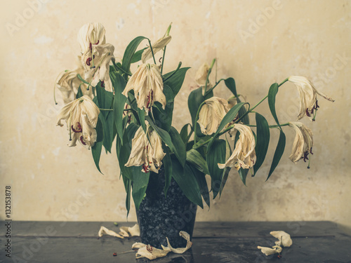 Fototapeta Naklejka Na Ścianę i Meble -  Vase with bouquet of dead lillies