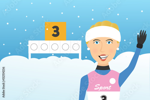  Biathlon vector illustration. Smiling biathlon athlete against the background of the target