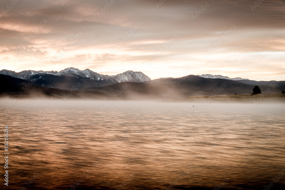 Steam rising off Grand Lake, Colorado at dawn