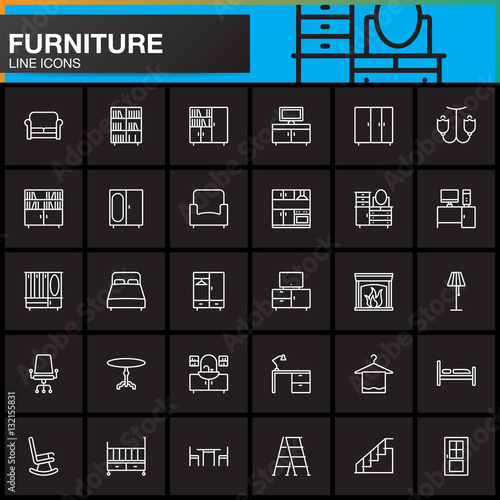 Furniture line icons set, Home Interior outline vector symbol collection, linear pictogram pack isolated on black, logo illustration