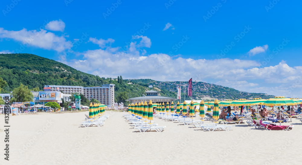 The Black Sea shore, blue clear water, beach with sand, Bulgaria