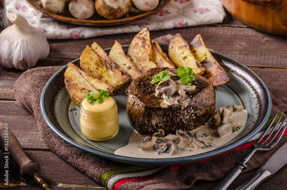 Steak with pepper sauce and mushrooms Steak with pepper sauce and mushrooms