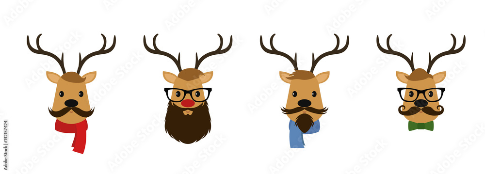 Set of four reindeer dressed like hipsters