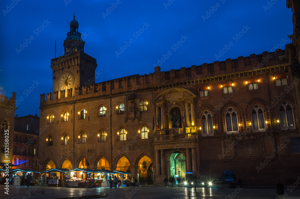 The Piazza Maggiore and the Town Hall of Bologna at Night