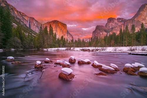 Yosemite National Park at dusk with snow caps photo