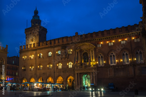 The Piazza Maggiore and the Town Hall of Bologna at Night