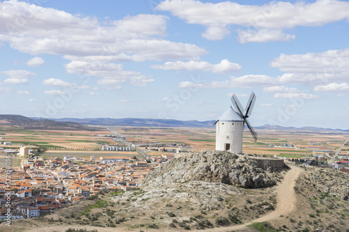 White wind mills for grinding wheat. Town of Consuegra in the pr