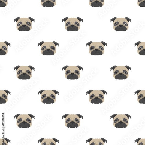 Seamless vector pattern with pug. Dog head flat icon repeating background for textile design, wrapping paper, wallpaper or scrapbooking. photo