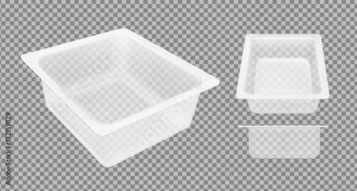 Transparent empty plastic container for cheese. Packaging for meat