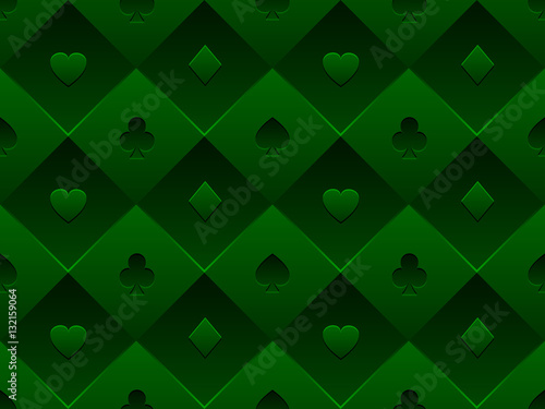 Green seamless pattern fabric poker table. Minimalistic casino vector 3d background with texture composed from volume card symbol