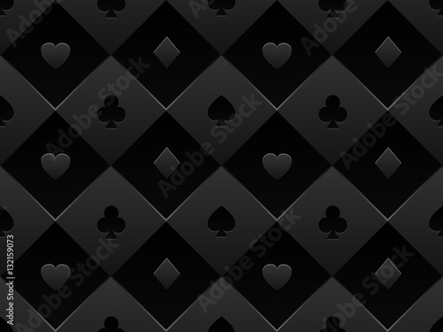 Black seamless pattern fabric poker table. Minimalistic casino vector 3d background with texture composed from volume card symbol