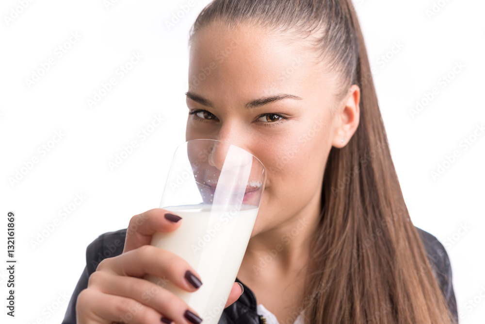 Young woman drink milk. isolated white. Young woman drink milk. isolated white.