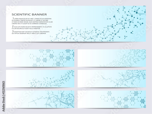 Set of modern scientific banners. Molecule structure DNA and neurons. Abstract background. Medicine, science, technology, business, website templates. Scalable vector graphics.